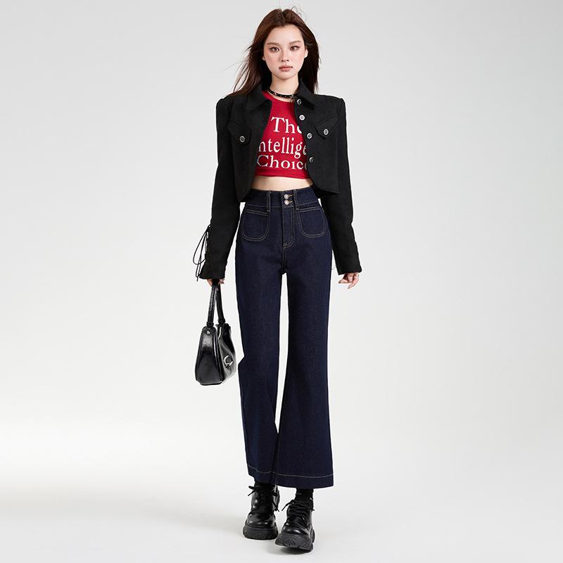 Denim blue nine-point flared jeans women's spring and autumn new high-waisted elastic design small jeans