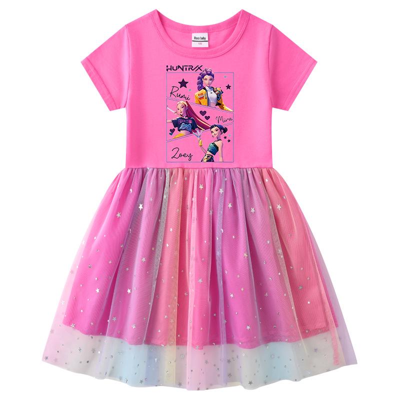 Korean-Style Kpop Demon Slayer Mesh Princess Dress for Kids - Short Sleeve for Summer, Long Sleeve for Spring/Autumn