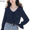 ZANZEA Damen Rüschen V-Ausschnitt Locker Lässig Langarm Bluse