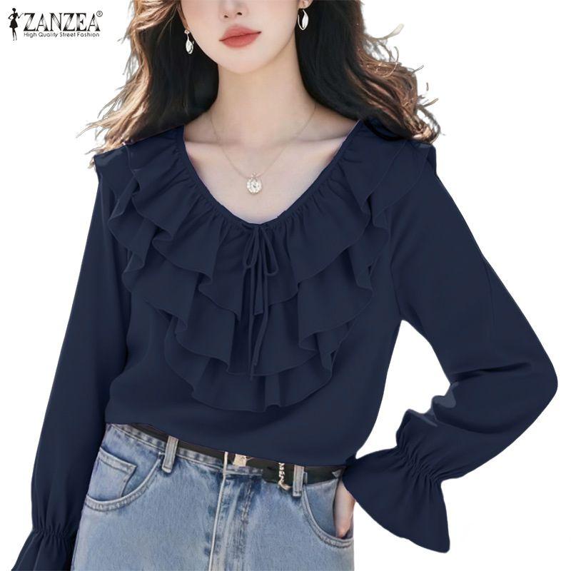 ZANZEA Dámská volná ležérní halenka s volánky, výstřihem do V a dlouhým rukávem