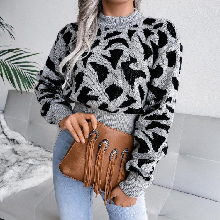 Women Autumn Winter Leopard Print Knitted Crop Sweater Long Sleeve O Neck Nipped Tops Sizes S To L
