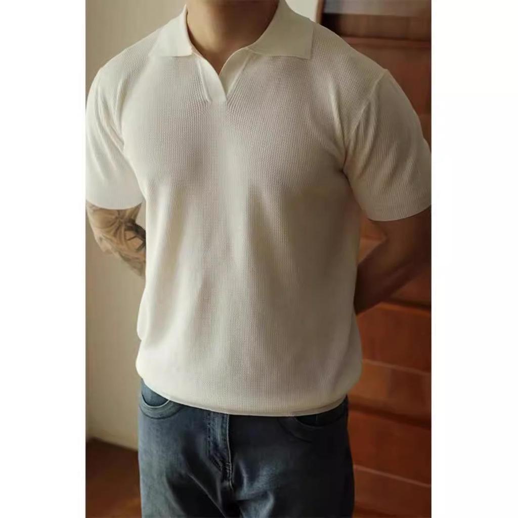 Tricou polo cu decolteu în V de designer pentru bărbați: Cu mâneci scurte, lejer, culoare solidă, modă la modă de primăvară/vară