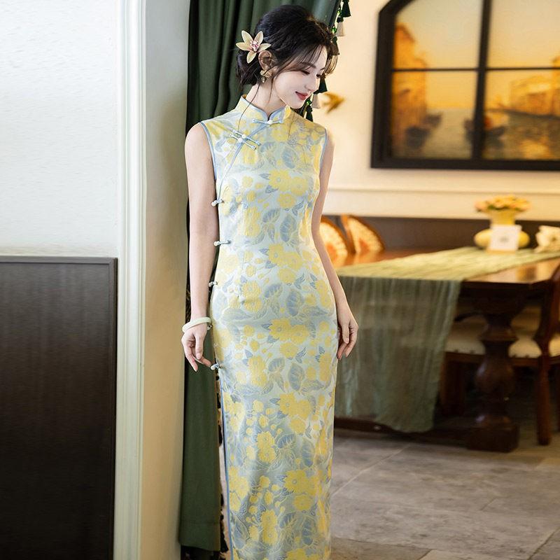 Yellow Sleeveless Long Cheongsam Dress 2026 Womens Modern Chinese Style Daily Wear Small