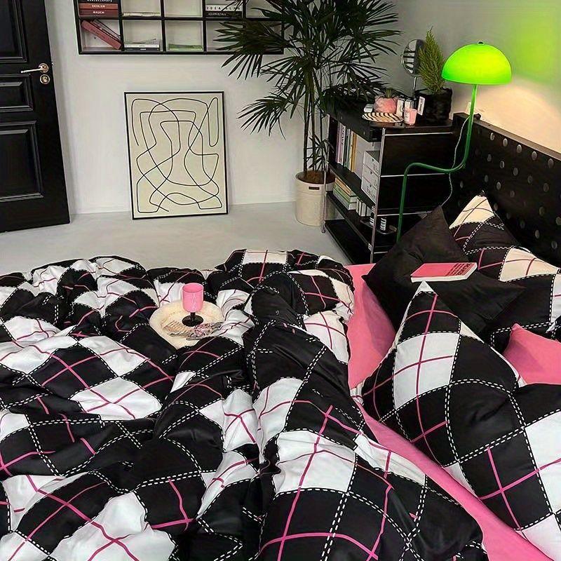 Korean Style Fashion Bedding Set Kids Adults Twin Full Queen Size Bed Flat Sheet Duvet Cover Pillowcases Stripe Grid Bed Linen