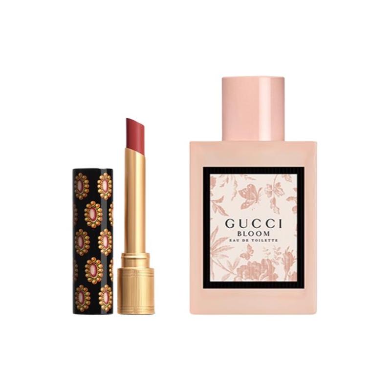 Gucci perfume set Huayue Women s Small Gold Tube Gold Velvet Lipstick Gift Box Floral Two-piece set I: Huayue perfume 50ml + glossy lipstick #217