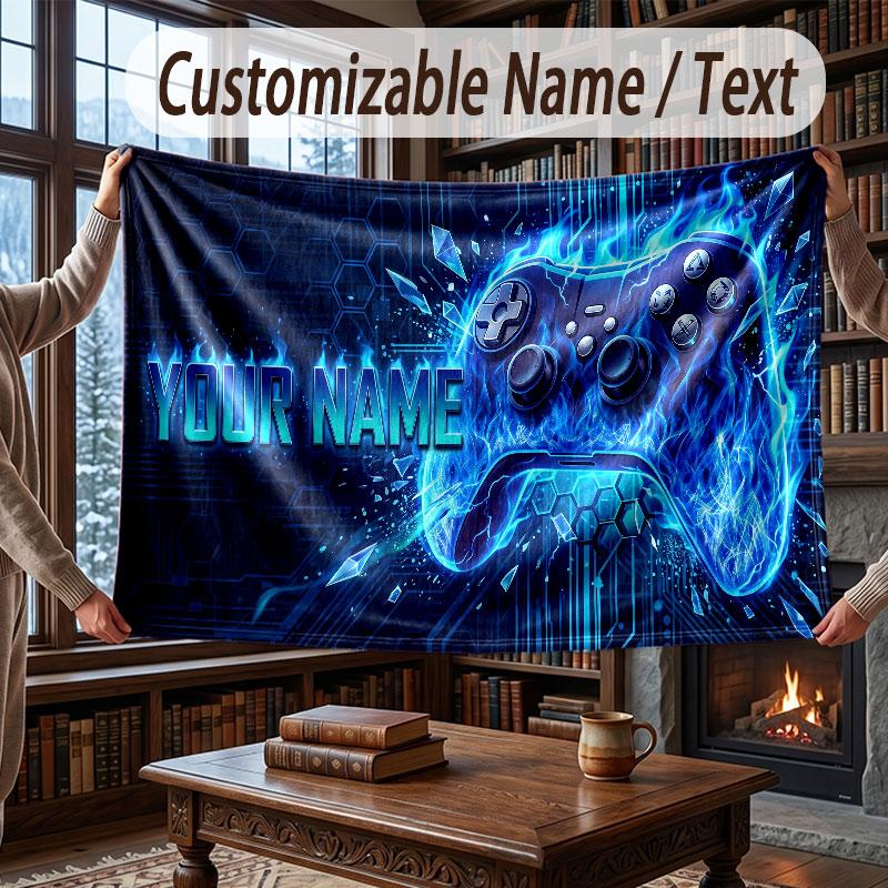 Game Controller Theme Throw Blanket Custom Name Text Personalized Blanket Soft Cozy Blanket for Home Sofa Bed