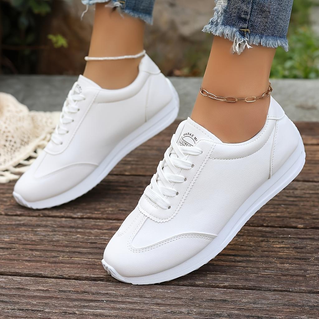 Women's Low-Top Sneakers Striped Sole White Sneakers Casual Outfits - Sporty Lace-Up Shoes with Fabric Upper Women Shoes