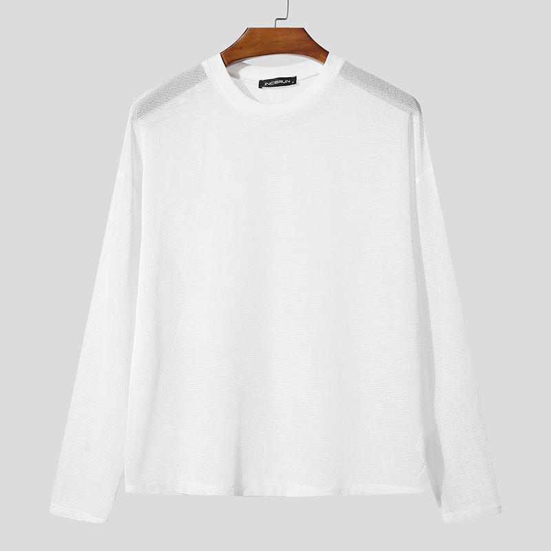 

INCERUN Мужские футболки с длинным рукавом и круглым вырезом, прозрачные повседневные топы из сетки с прорезями 5XL белый