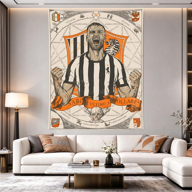 Juventus player in black and white stripes shouts with clenched fists inside an orange heraldic crest, richly detailed print Wall Hanging
