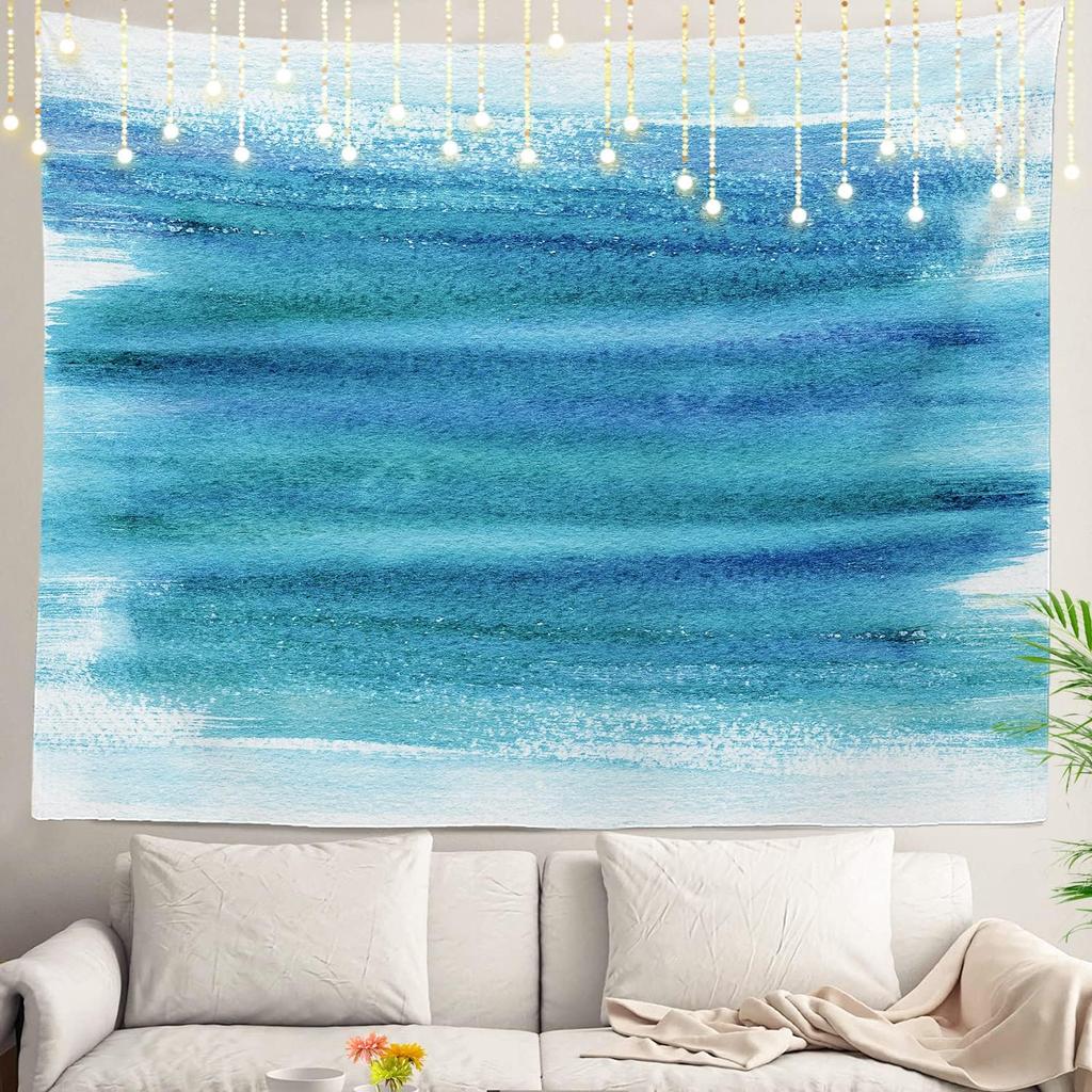 Navy Blue Watercolor Mountains Wall Tapestry, Sky Wall Hanging Large Tapestry Decoration Polyester Fiber White Hem Around for