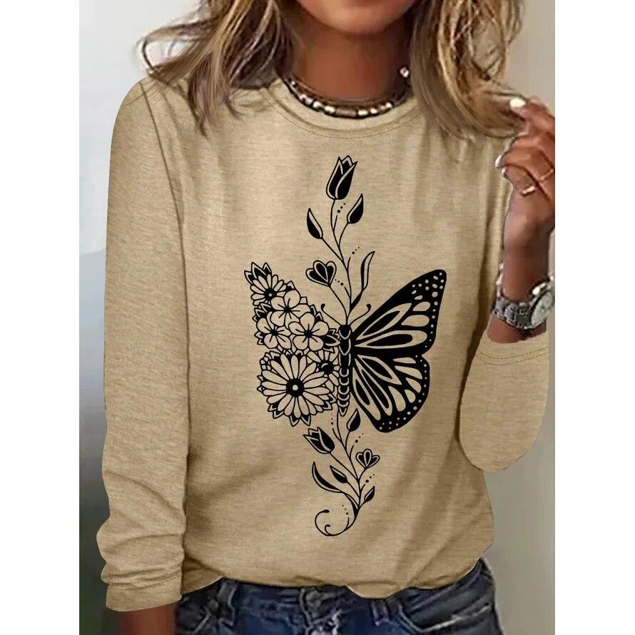 Women's 3d T-Shirt O-Neck Long Sleeve Butterfly Fashion Animal Print Large Casual Vintage Street Wear Oversized Female Clothing