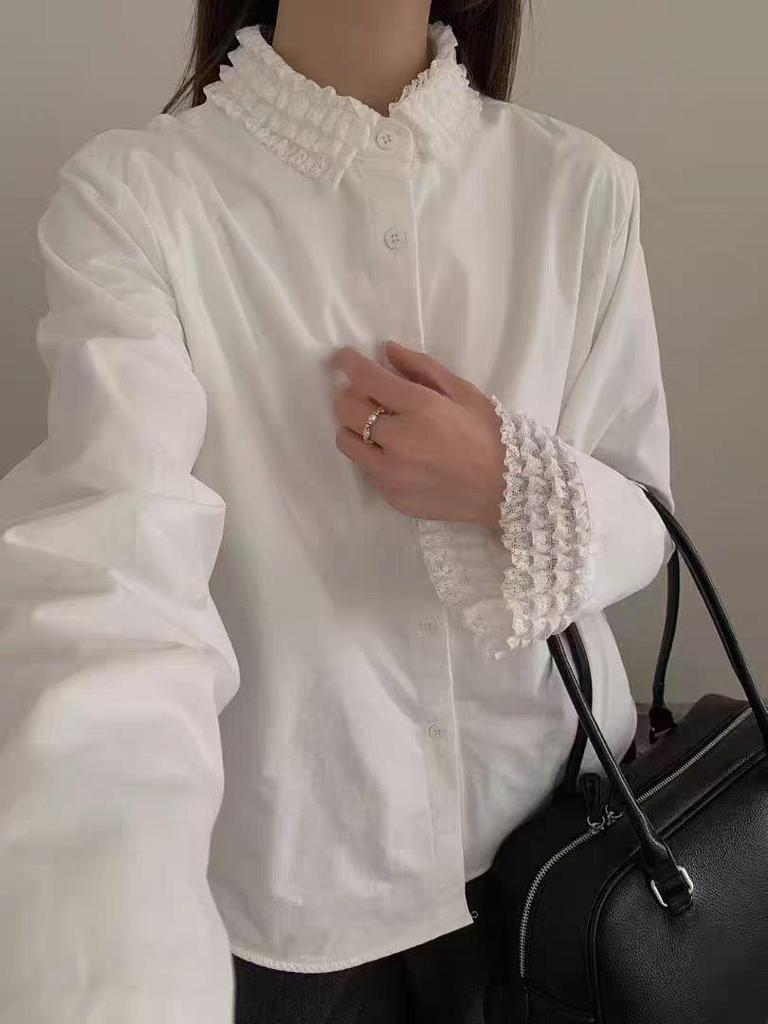 Korean Sweet Lace Lapel Patchwork Long Sleeve Casual Shirt