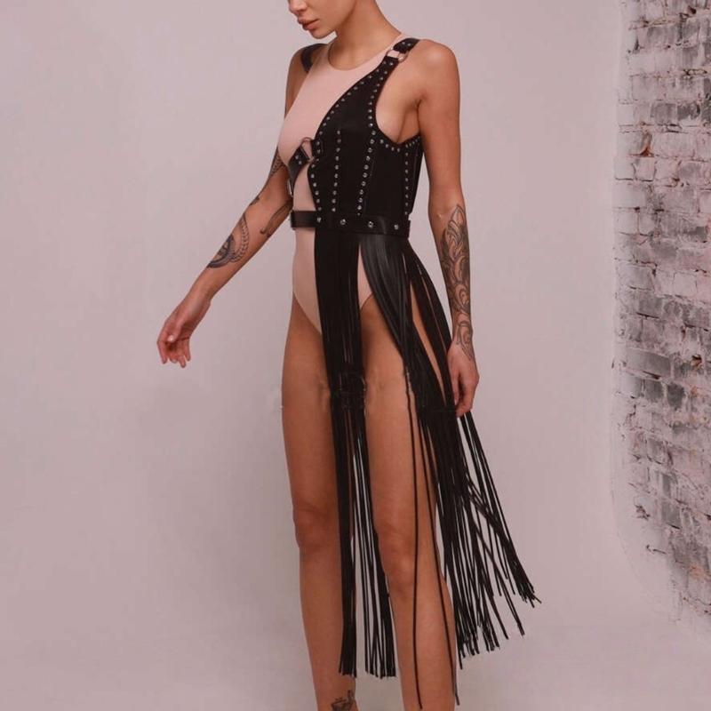 Punk Fringed Waist Belt Long Suspender Belt For Women PU Leather Adjustable Accessory For Party and Stage Performances