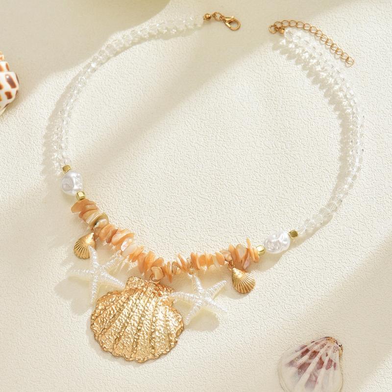 Summer Shell Starfish Conch Pendant Necklace For Women Transparent Crystal Bead Necklace Vacation Style Jewelry Accessory