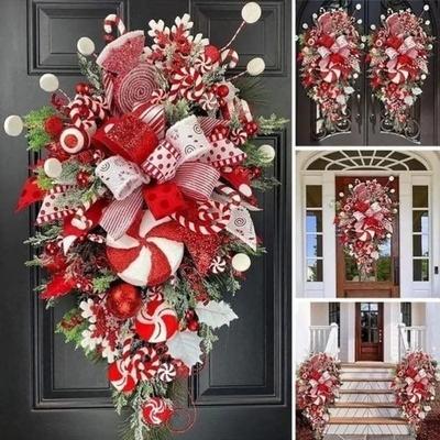 Christmas Candy Cane Wreath for Front Door Red White Teardrop Candy Cane Christmas Stairway Decorations Christmas Wreath with Candy Christmas