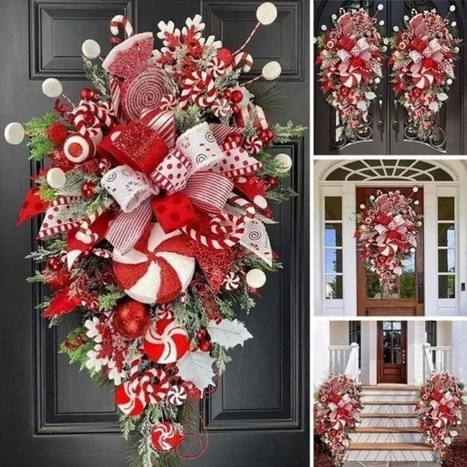 

Christmas Candy Cane Wreath for Front Door Red White Teardrop Candy Cane Christmas Stairway Decorations Christmas Wreath with Candy Christmas 30X52X6.6cm червоний