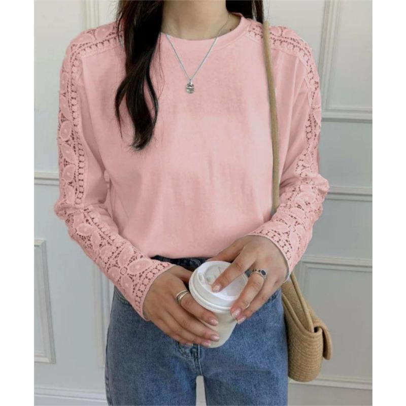 Dobrej Jakości Jesienno-Zimowy Japoński Koreański Jednolity Kolor Koronkowy Pulower Okrągły Dekolt Luźny T-shirt z Długim Rękawem dla Kobiet