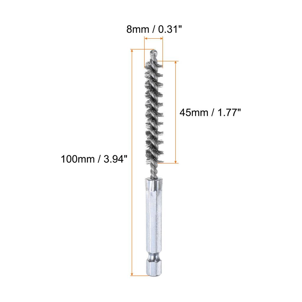 uxcell 304 Stainless Steel Bore 8mm 10cm Twisted Wire Brushes with Handle for Hex for Tube Port Bearings 5-Pack Brushes, Diameter, Long, Cleaning,