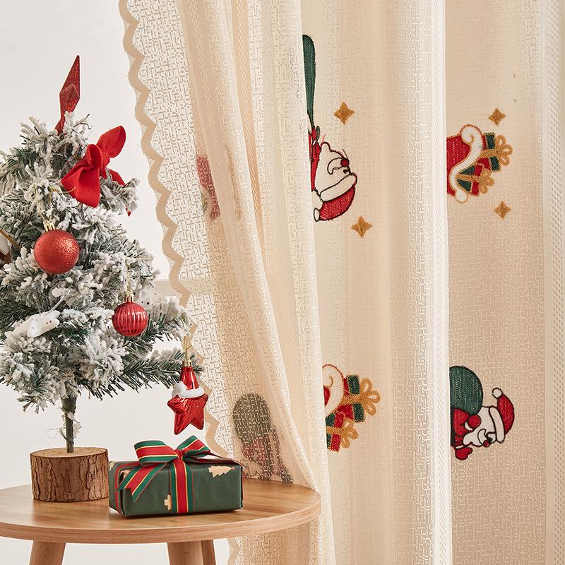 Santa Curtains Bedroom Christmas Decor Semi Blackout Curtains Lace Without Punching