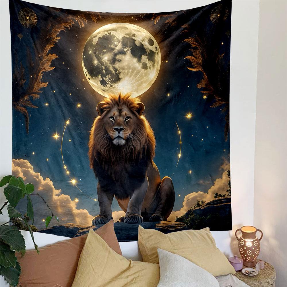 Majestic Lion Under Full Moon Sky Patterned Tapestry Decorative Wall Hanging, Home Bedroom Living Room Decor