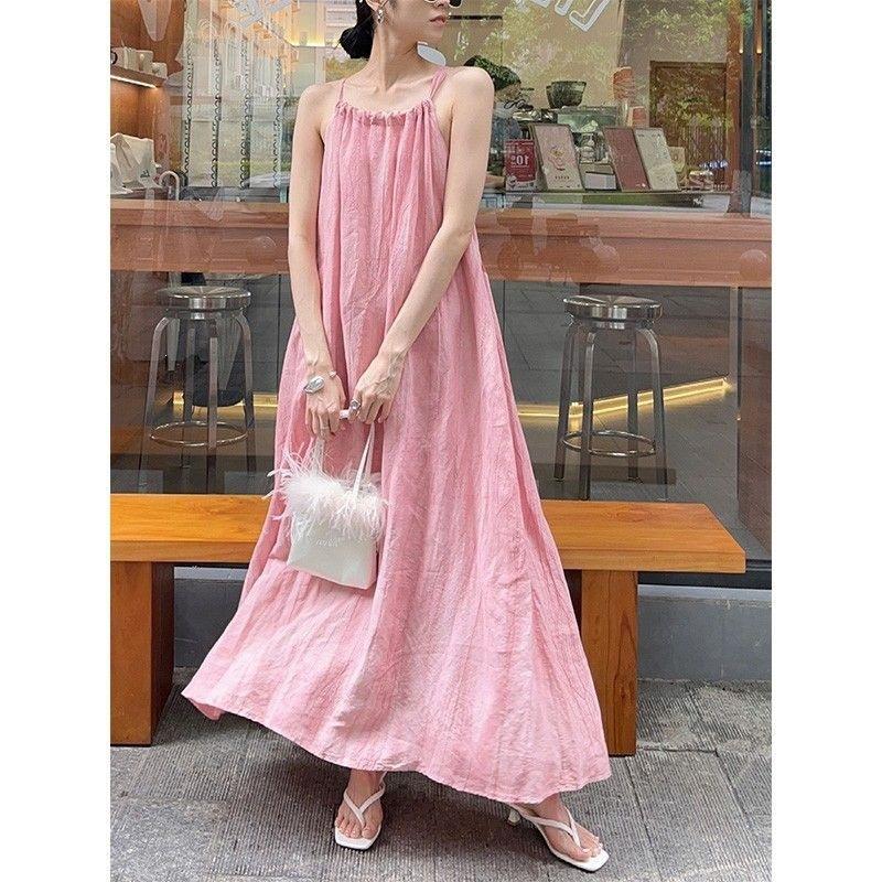 Pink suspender long dress women's summer new seaside vacation beach dress neck design niche skirt