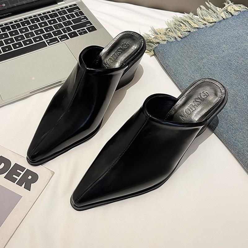 2026 European American Baotou Half Women's Soft Leather Slope Heel High Cool Fashion Outwear Thick Lazy Muller Shoes