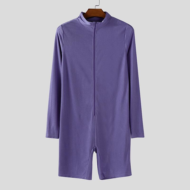 

INCERUN Мужской комбинезон-ромпер с длинным рукавом на молнии, однотонный, облегающий, пижама, комбинезон, боди, нижнее белье XL фиолетовый