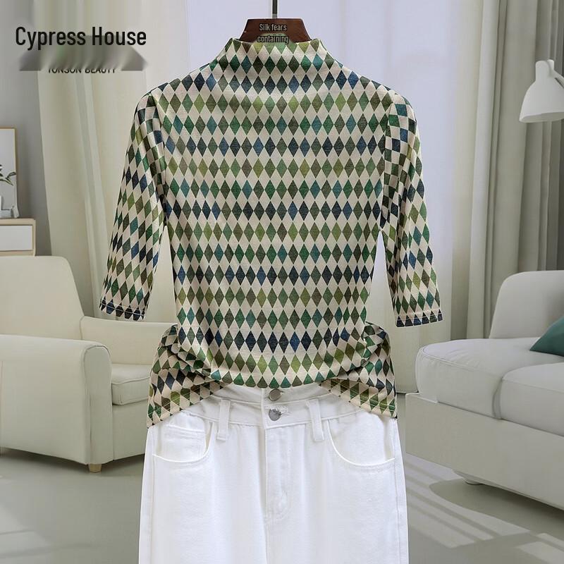 Sibaishe Women s Argyle Semi-Turtleneck Top S