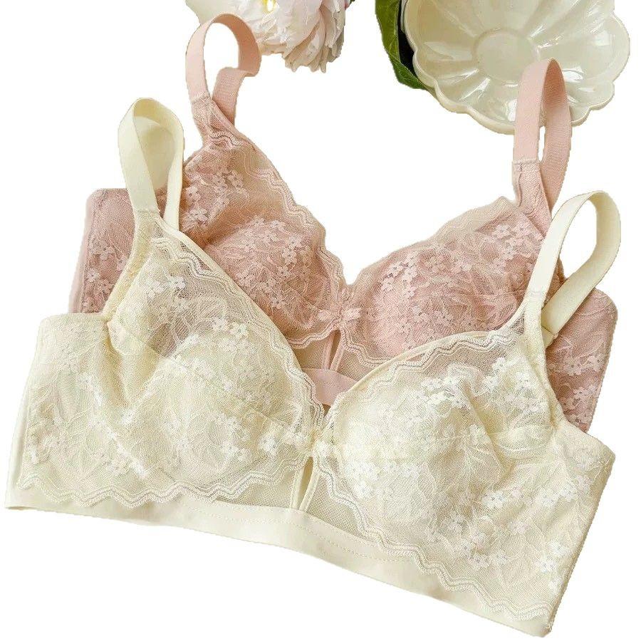 French Lace Crystal Cup Big Chest Small Underwear Women's Summer Thin and Thin Without Steel Ring Collection Sub-breasts Rabbit Ears Cup Bra