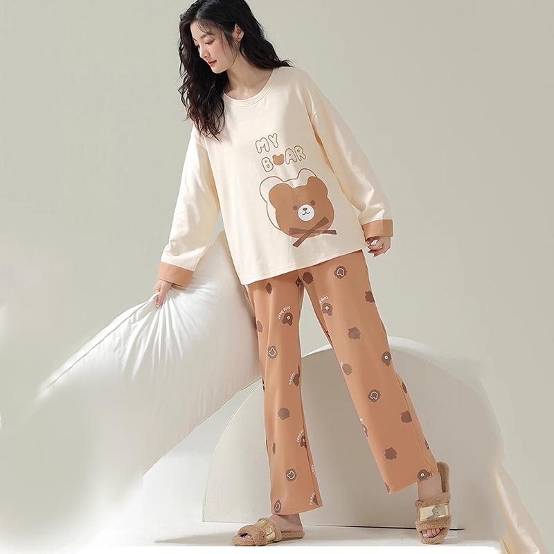 Pigiama Donna Set Pantaloni a Manica Lunga Comodo Semplice Ampio Carino Dolce Cartone Animato Orso Abbigliamento per la Casa Fuori Abbigliamento da Notte Vestiti per Ragazza