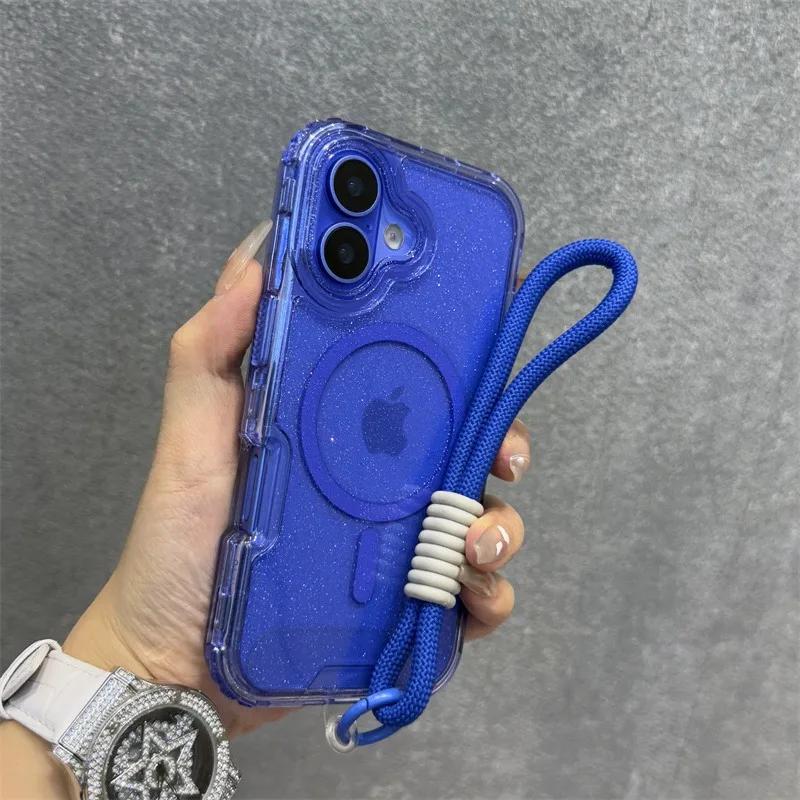 Třpytivé pouzdro s popruhem na zápěstí pro iPhone 16 1 14 Pro Max Plus 11 12 13 Magnetický řemínek Průhledný Bling kryt