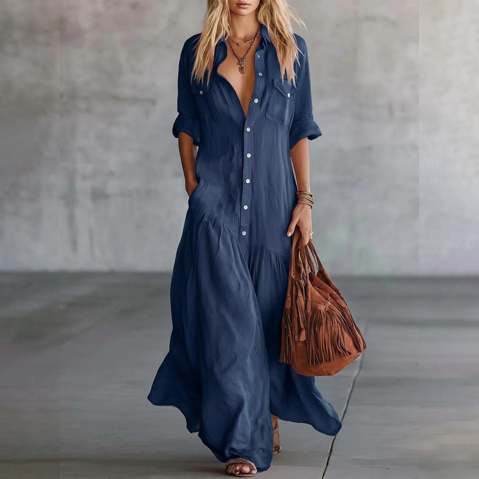 Ladies  Casual Long Shirt Collar Twisted Buckle Fashionable Patchwork Pocket Dress L синий