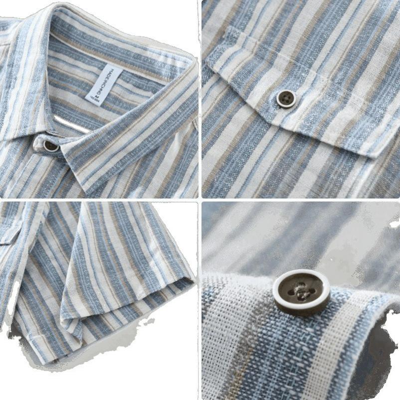 Color-matching Striped Linen Short-sleeved Men's Shirt Summer Fashion Casual Square Collar Loose Cotton and Linen Blouse