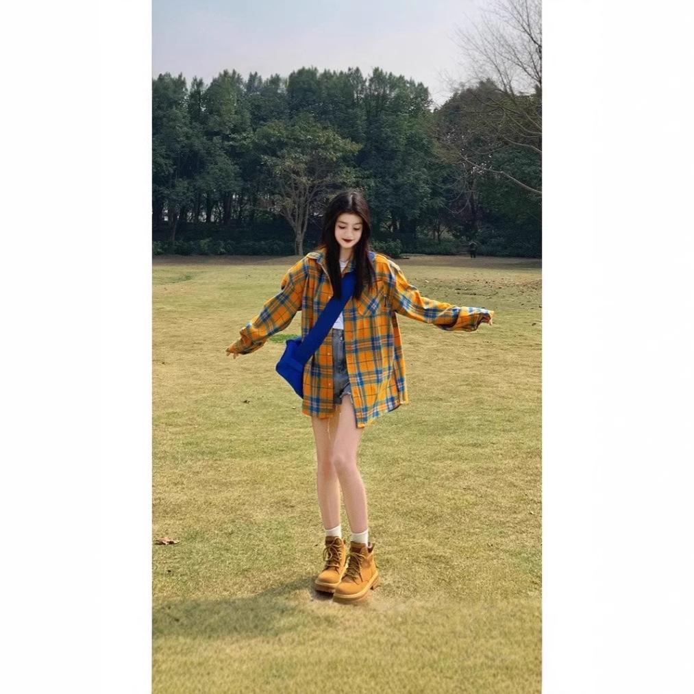 Damen Retro Karierte Hemdjacke - Locker geschnitten, vielseitiges Langarm für Frühling & Herbst, Koreanischer Stil Jugendlicher Campus Top