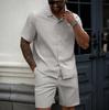 Completo casual da uomo a 2 pezzi, tinta unita, manica corta, camicia con bottoni e pantaloncini, set estivo