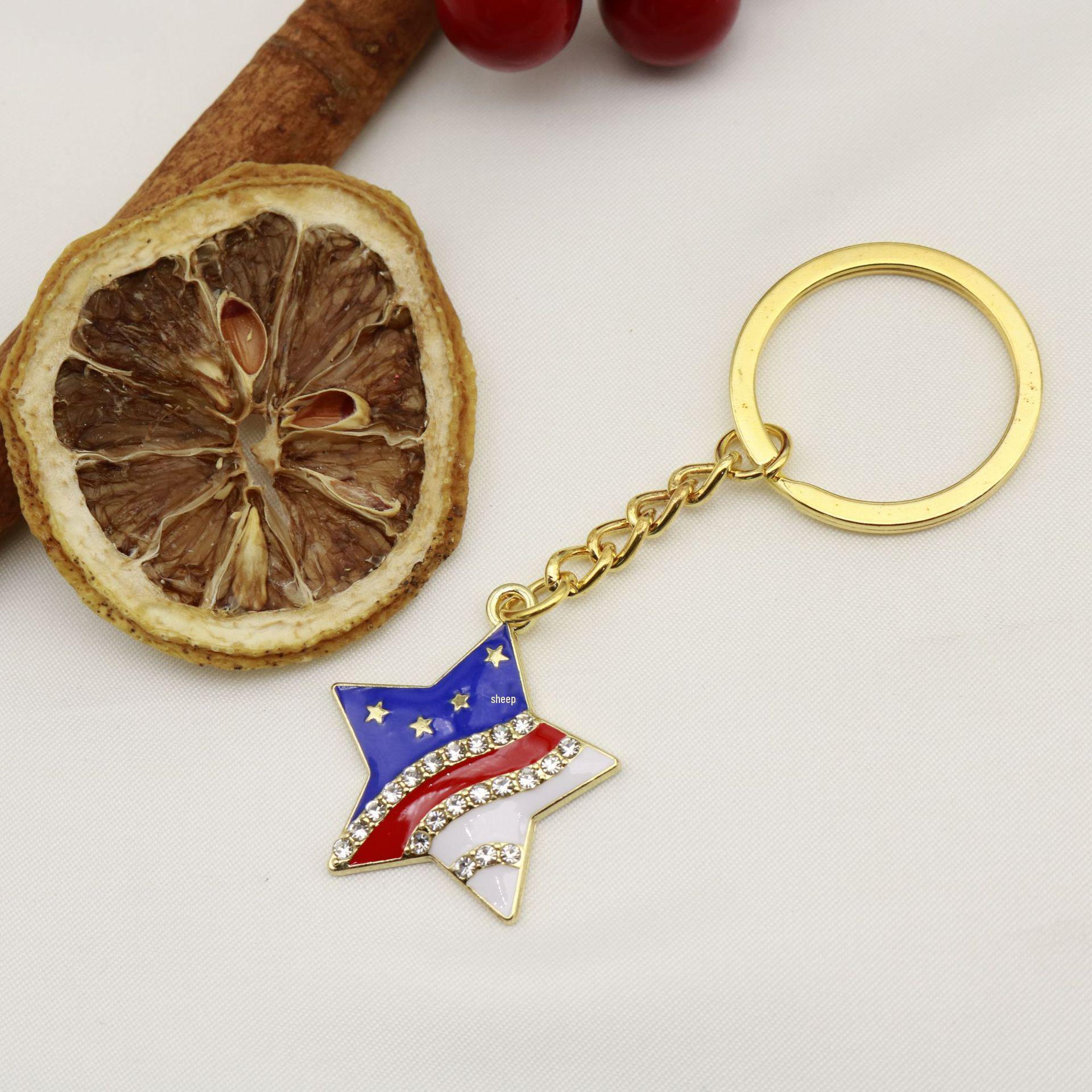 European-American Trendy Rhinestone American Flag Heart & Star Keychain Pendant