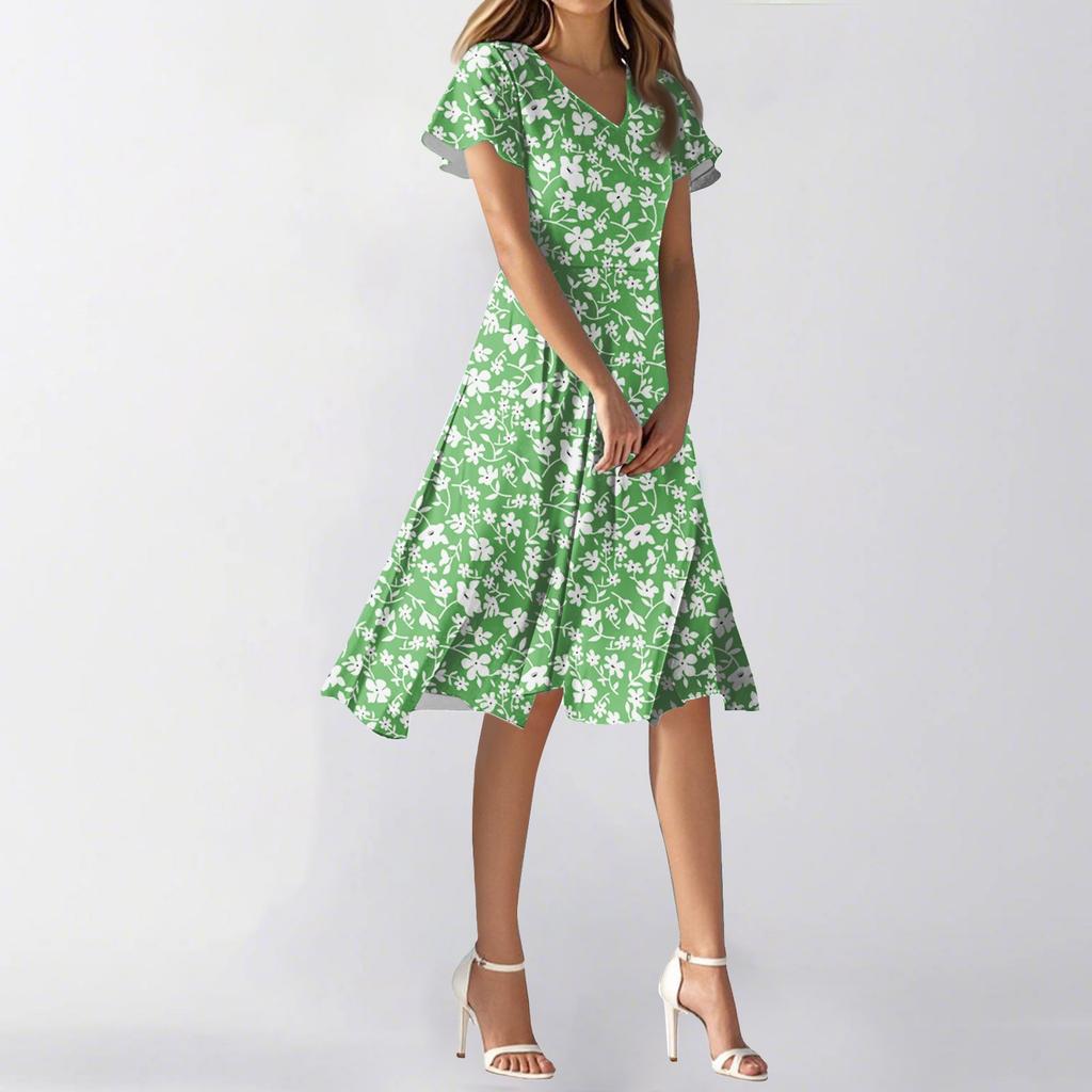 Kvinners Sommer Casual Mote Blomsterprint Kjole V-hals Kortermet Kort Skjørt