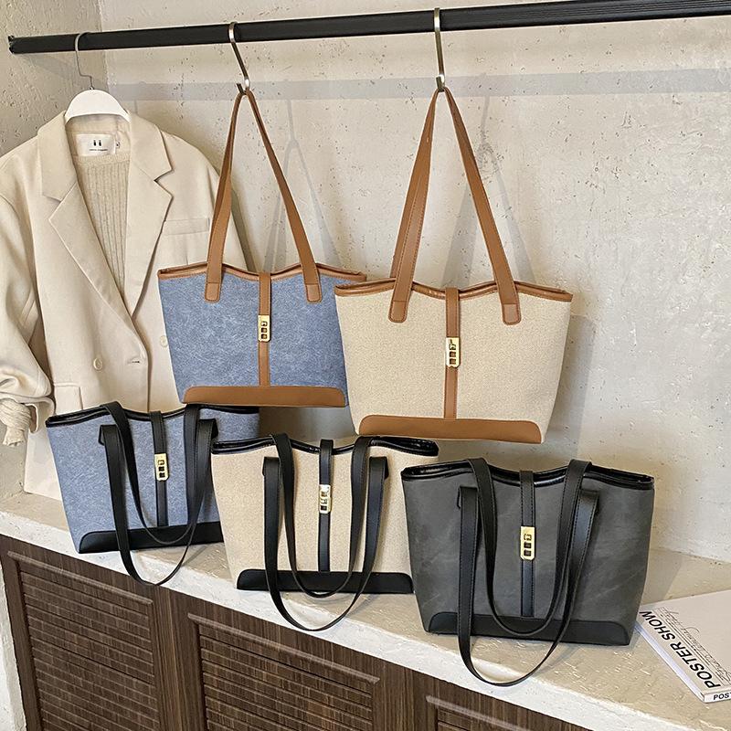Contrast Canvas Bag Casual Versatile Shoulder Handbag Bucket Bag Large Capacity Tote Bag