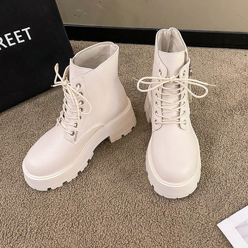 Fashion Autumn Fashion Thick Soled Ankle Boots Shoes for Women Versatile Height Increasing Black Leather Thick Heeled Short Botas Female