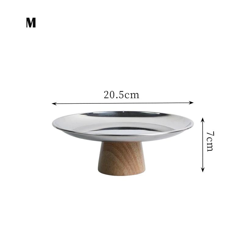 Nordic Metal Round Solid Wood Base Tray Living Room Porch Small Objects Desktop Storage Tray Sundries Cake Display Organizer