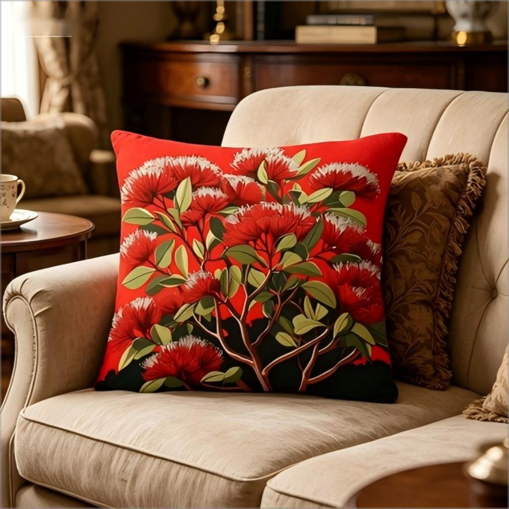 Bold Red Floral Print Throw Pillow Cover Tropical Pohutukawa Flower Decorative Cushion Case for Bedroom Sofa Couch Home Decor