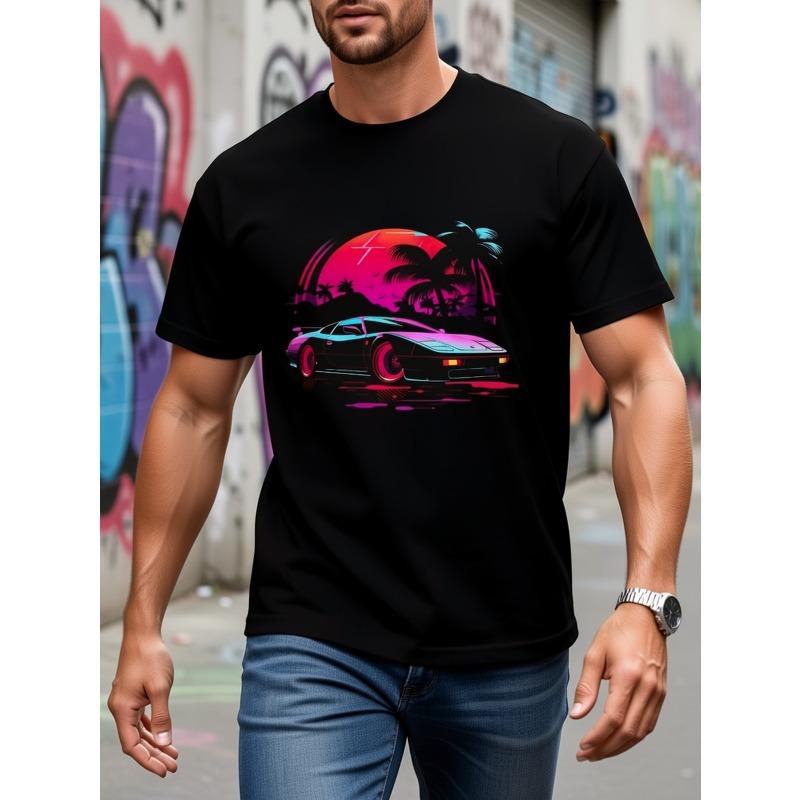 European Size Men's Graphic T-Shirt, Sports Car & Palm Tree Neon Print, Round Neck Short Sleeve or Outdoor Daily Wear