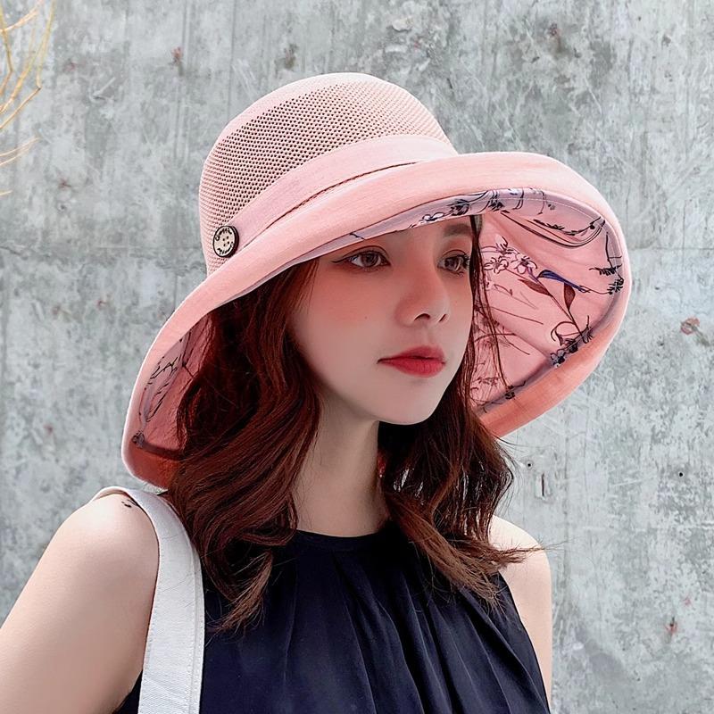 Summer Women's Double-sided Bucket Hat Korean Version Mesh Pattern Button Pot Hat Outdoor Sunscreen Hat