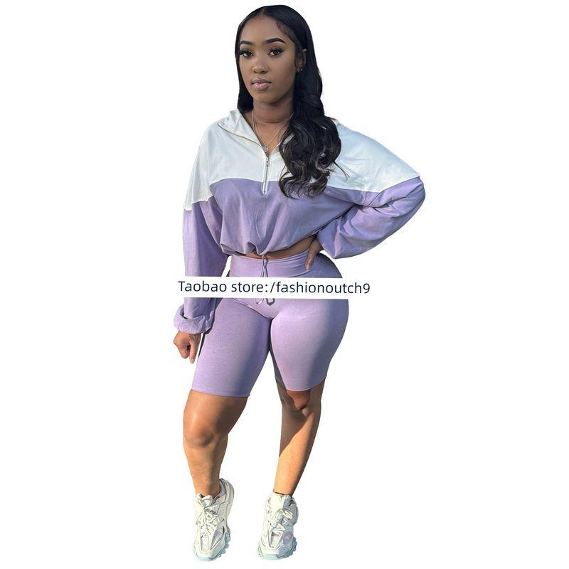 

2025 Эластичная талия на пряжке Контрастный спортивно-повседневный комплект Purple S