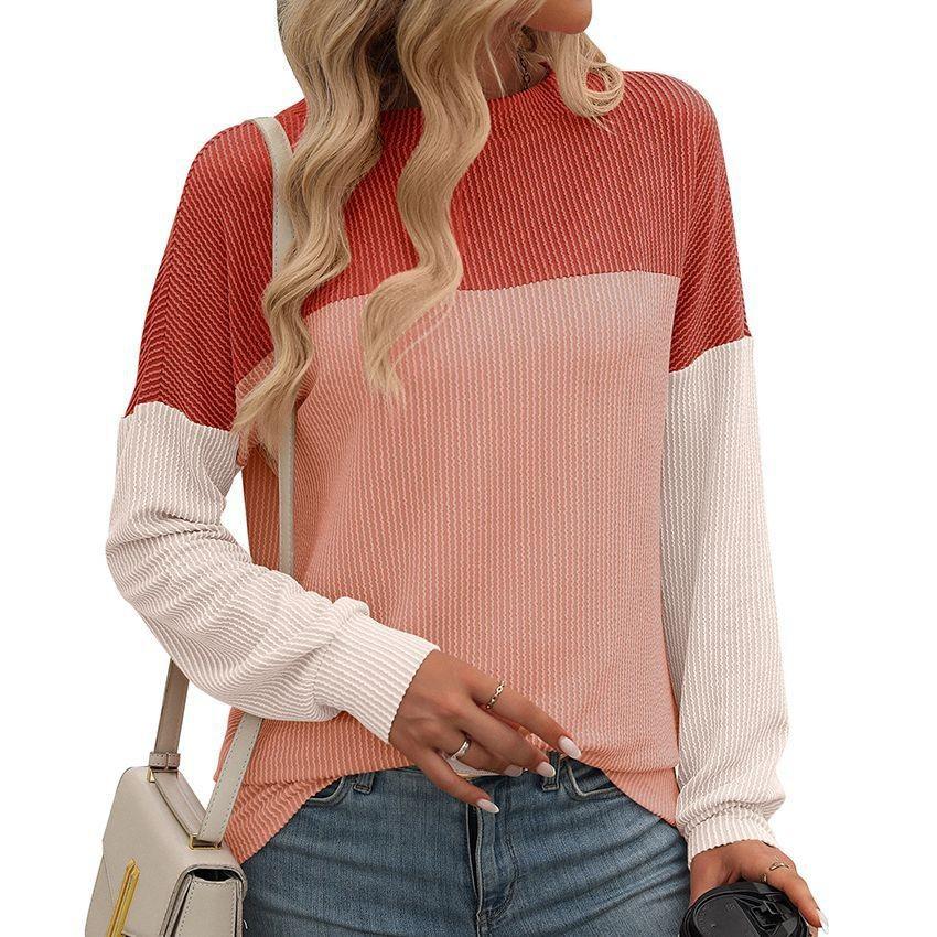 Spring and Autumn Round Neck Color blocked Long Sleeve Loose Women's T-shirts
