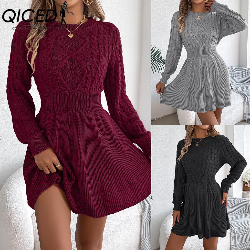 QICED Autumn and Winter Solid-color Twisted Waist Lantern Long-sleeved Sweater Dress A-line Skirt Women's Clothing