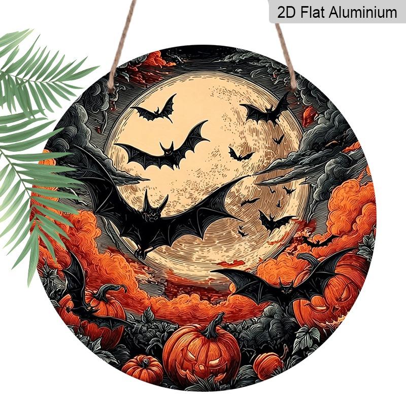 2D Flat 1pc/2pcs, Decorative Plaques and Ornaments Sign, Round Aluminum Halloween Wall Plaque, Retro Engraving Full Moon Bats Pumpkin Decor