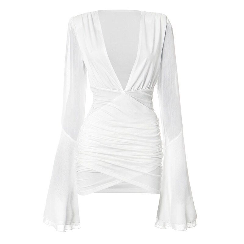 Autumn Sexy Deep V-neck Large Flared Sleeve Pleated Dress for Women