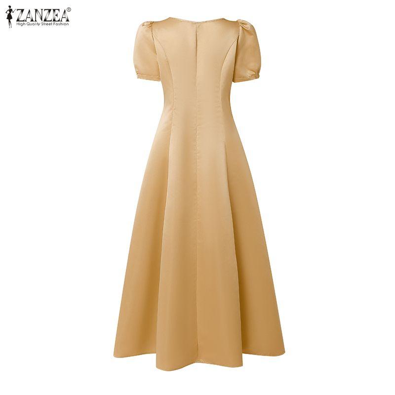 ZANZEA Women Elegant Square Collar Casual Short Sleeve A-Line Long Dress