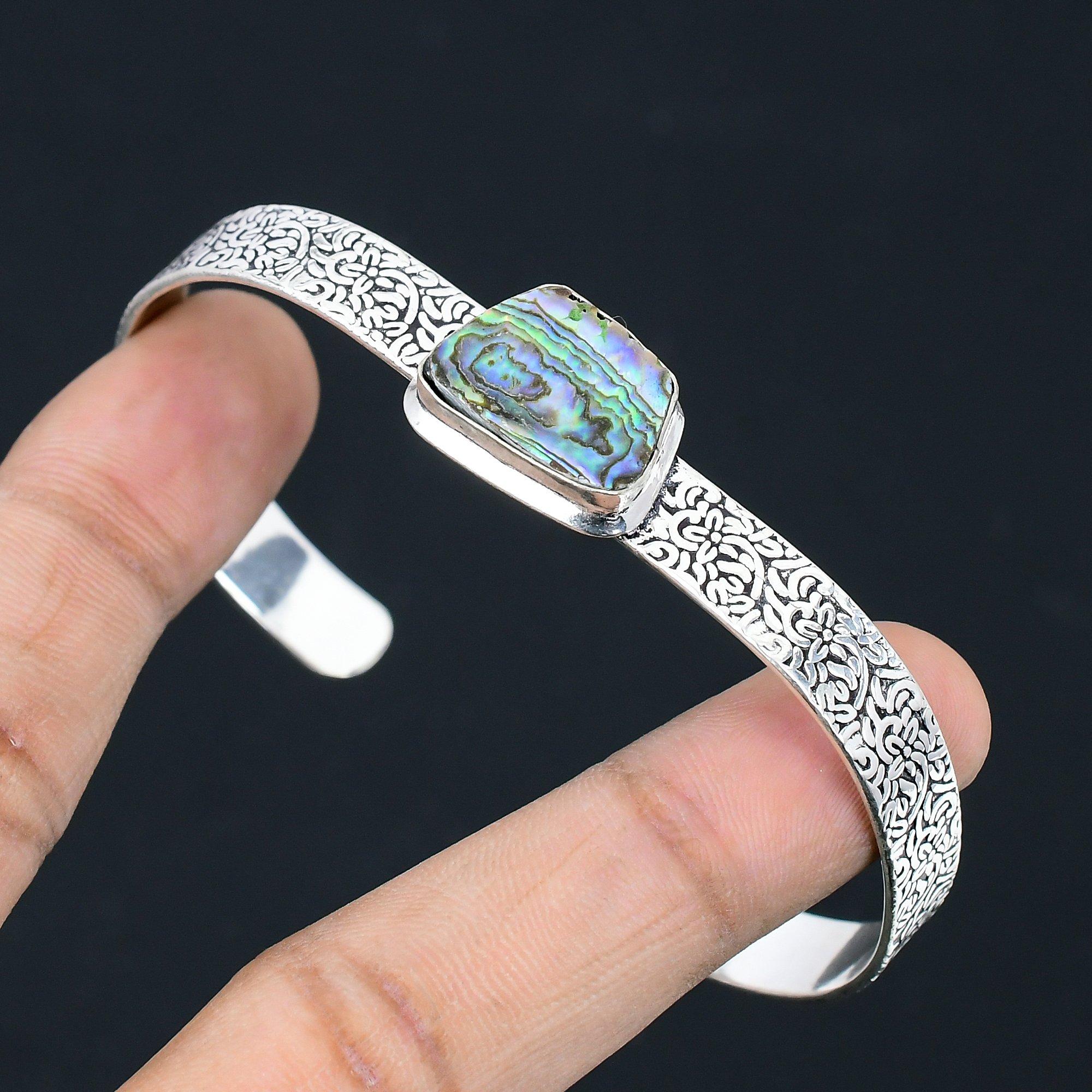 

Womens day Sale 925 Silver Abalone Shell Stone Engagement Unique Bangle Jewelry Adjustable